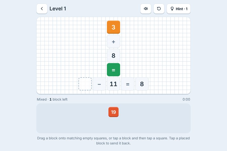 Equation Blocks grid with number tiles forming 3 + 8 = 11