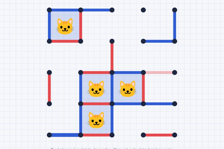 Dots and Boxes board with boxes claimed by cats
