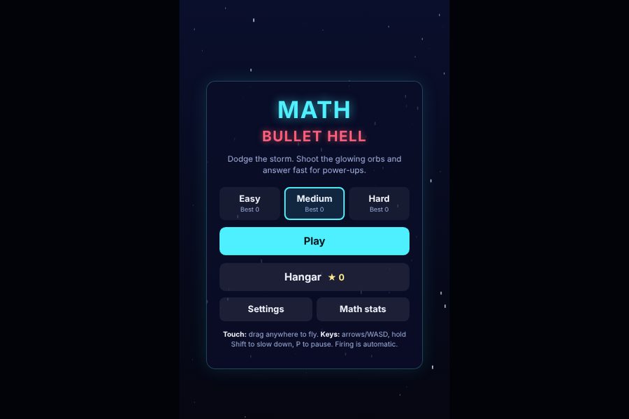 Math Bullet Hell menu with Easy, Medium and Hard