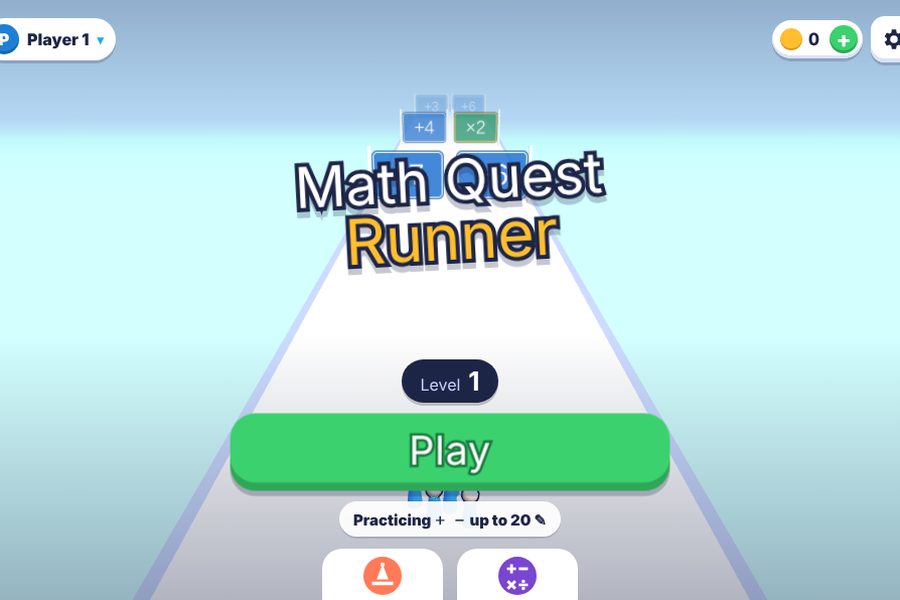 Math Quest Runner title screen with a Play button on a 3D track