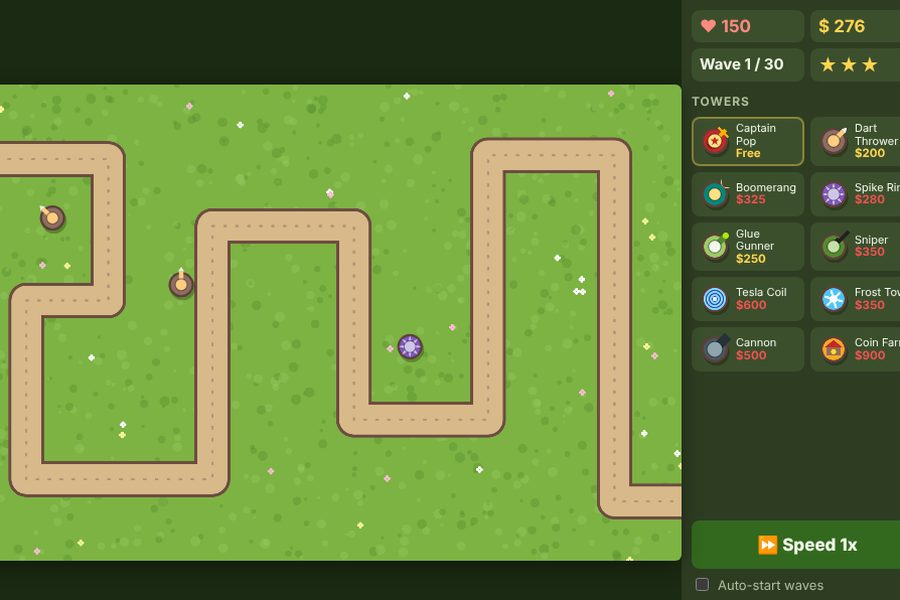 Pop Defense map with a winding path and a panel of towers to place