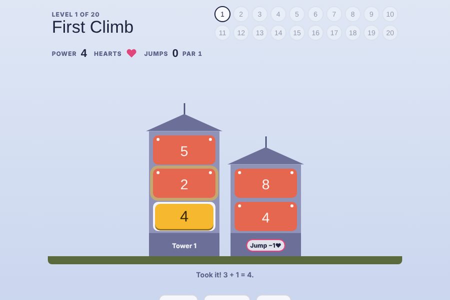 Two towers of numbered floors in Tower Takeover level 1